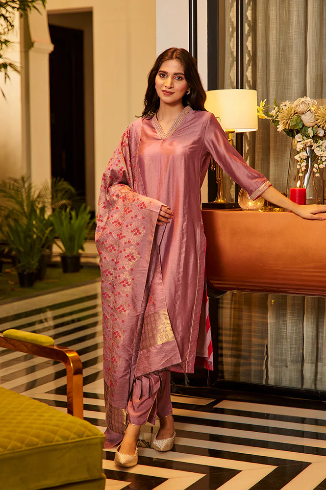 Pink Embellished Kurta, Pants And Jacquard Dupatta Set