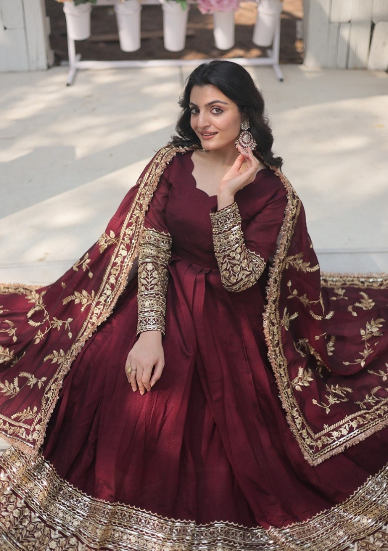 Maroon Embroidered Vichitra Anarkali Set