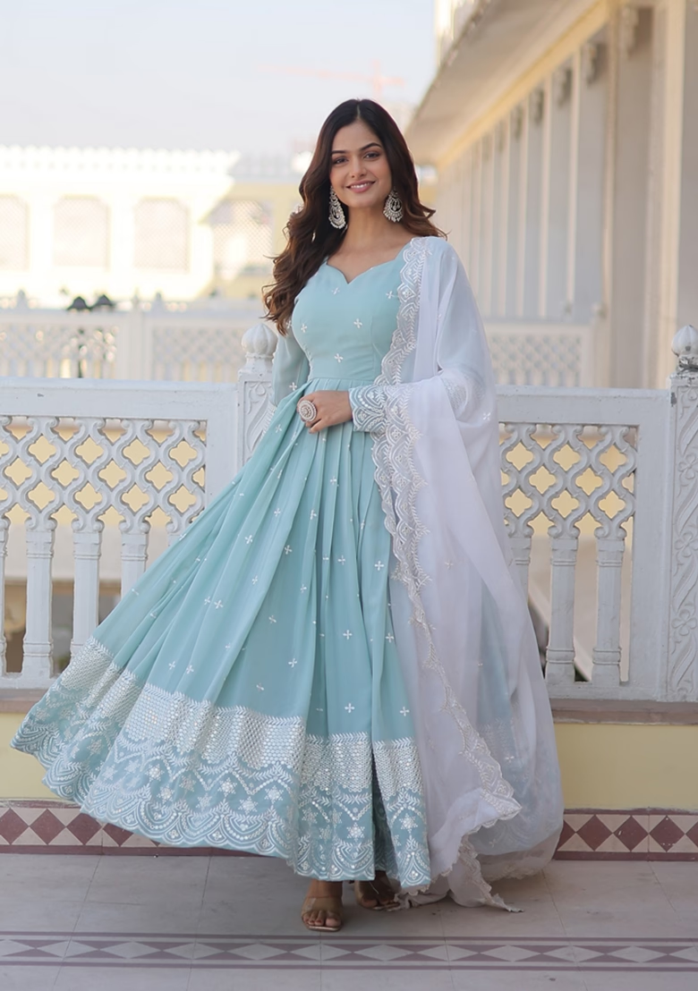 Light Blue Embroidered Georgette Anarkali Set