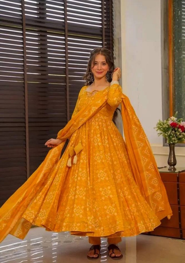 Yellow Embroidered Muslin Georgette Anarkali Set