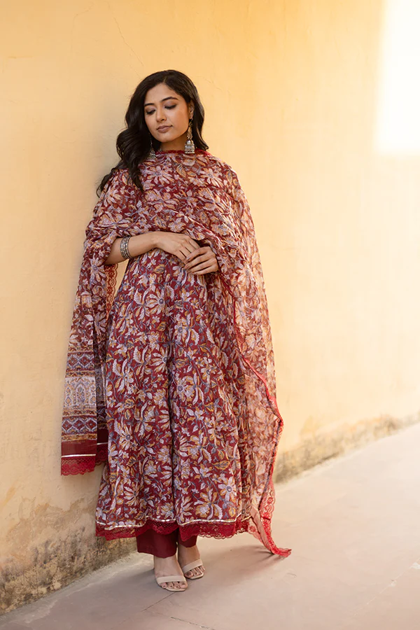 Kota Doriya Red Handblock Print Anarkali Set