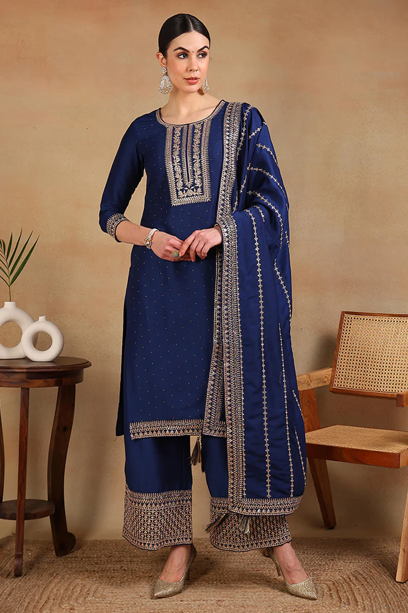 Blue Silk Blend Solid Yoke Design Straight Suit Set