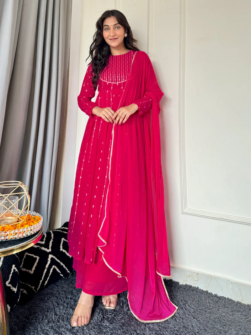 Pink Georgette Foil Printed Anarkali Kurta Set