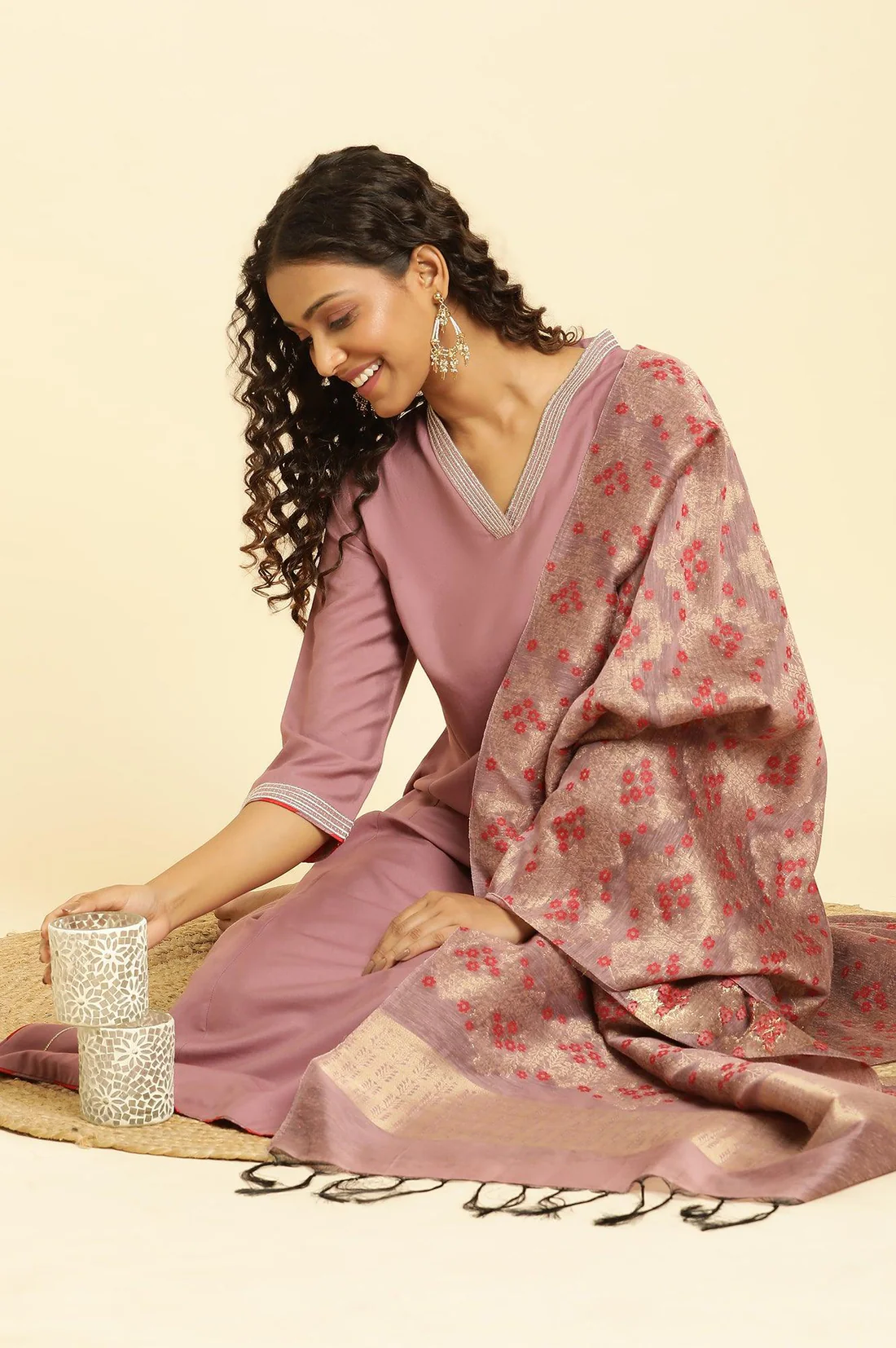 Pink Embellished Kurta, Pants And Jacquard Dupatta Set