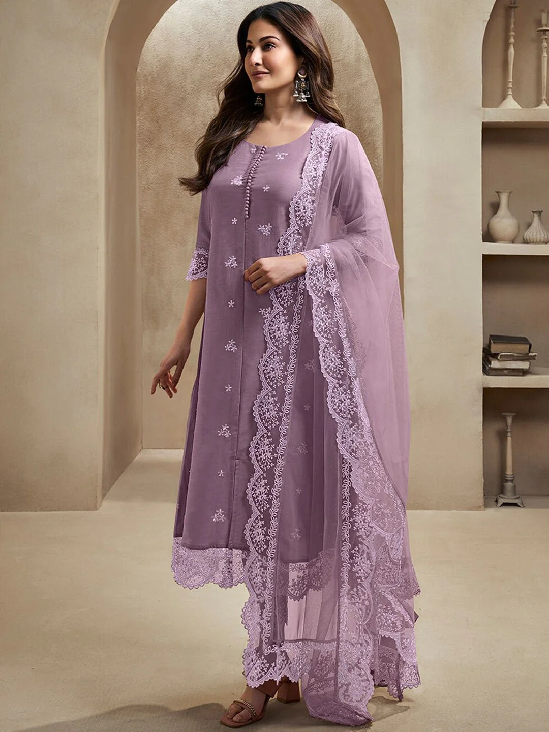 avender Floral Embroidered Regular Thread Work A-Line Kurta with Trousers & Dupatta