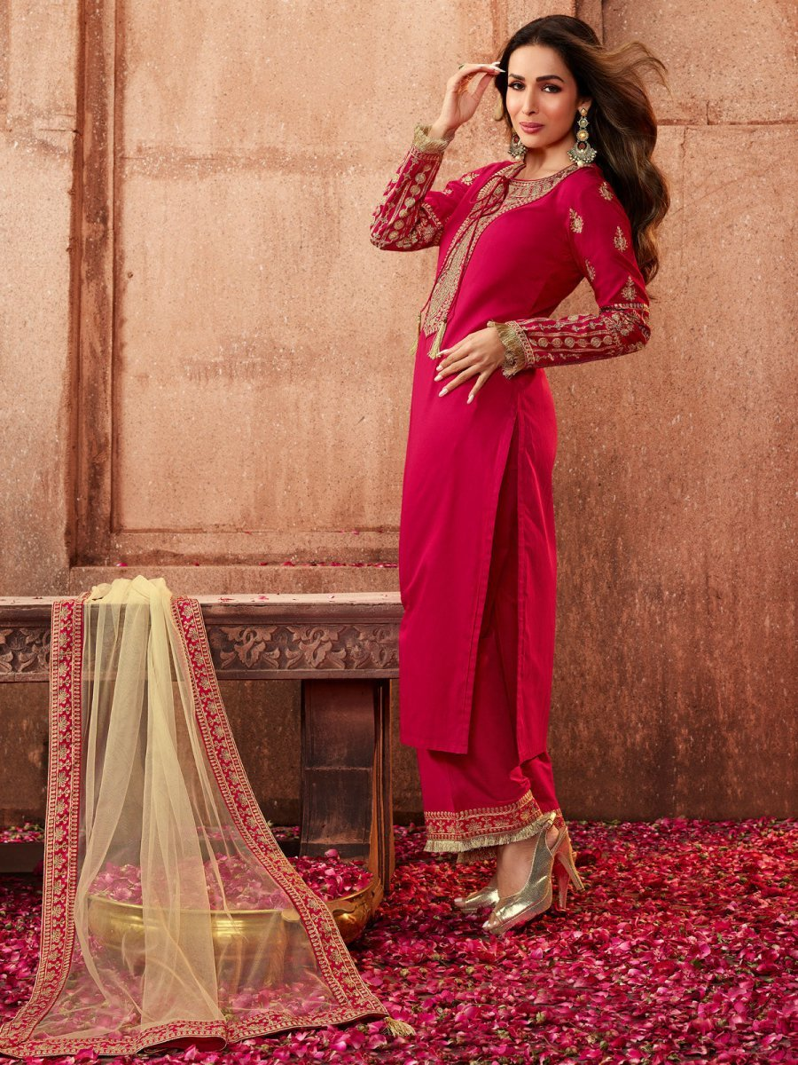 Magenta & Gold Embroidered Kurta Suit