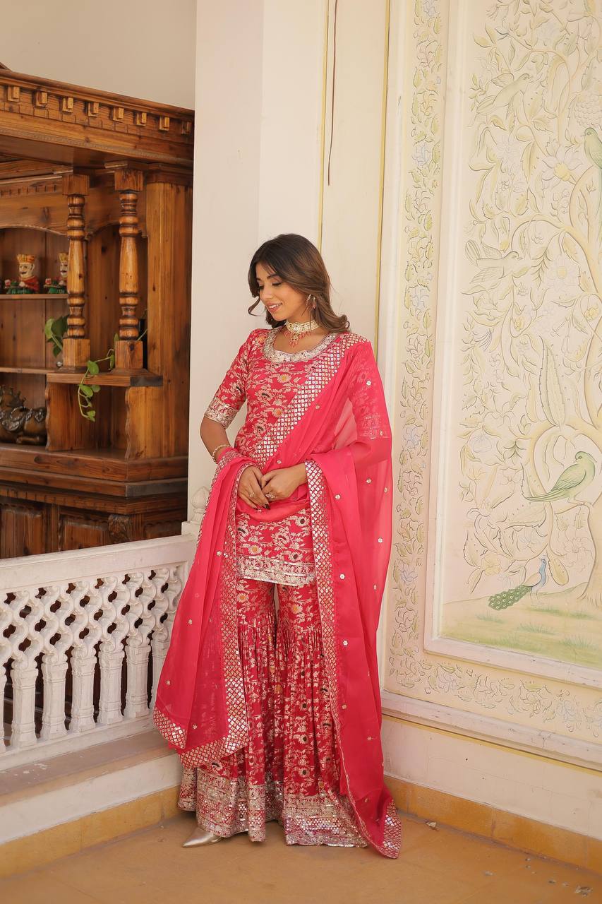 PINK PREMIUM DESIGNER READYMADE TOP-GHARARA-DUPATTA COLLECTIONS