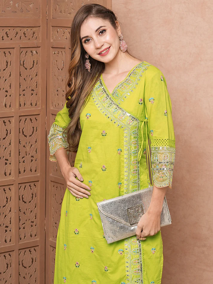 Solid Resham, Sequins & Zari Embroidered Kurta with Palazzo - Lime Green