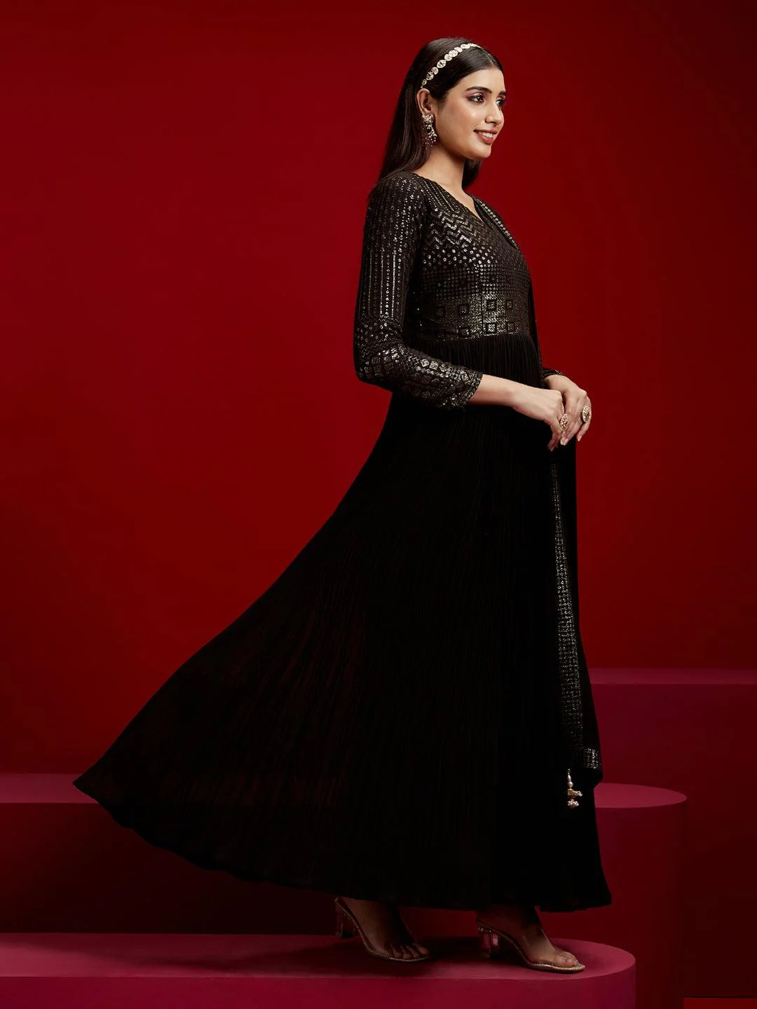 Black Yoke Design Georgette A-Line Kurta With Trousers & Dupatta