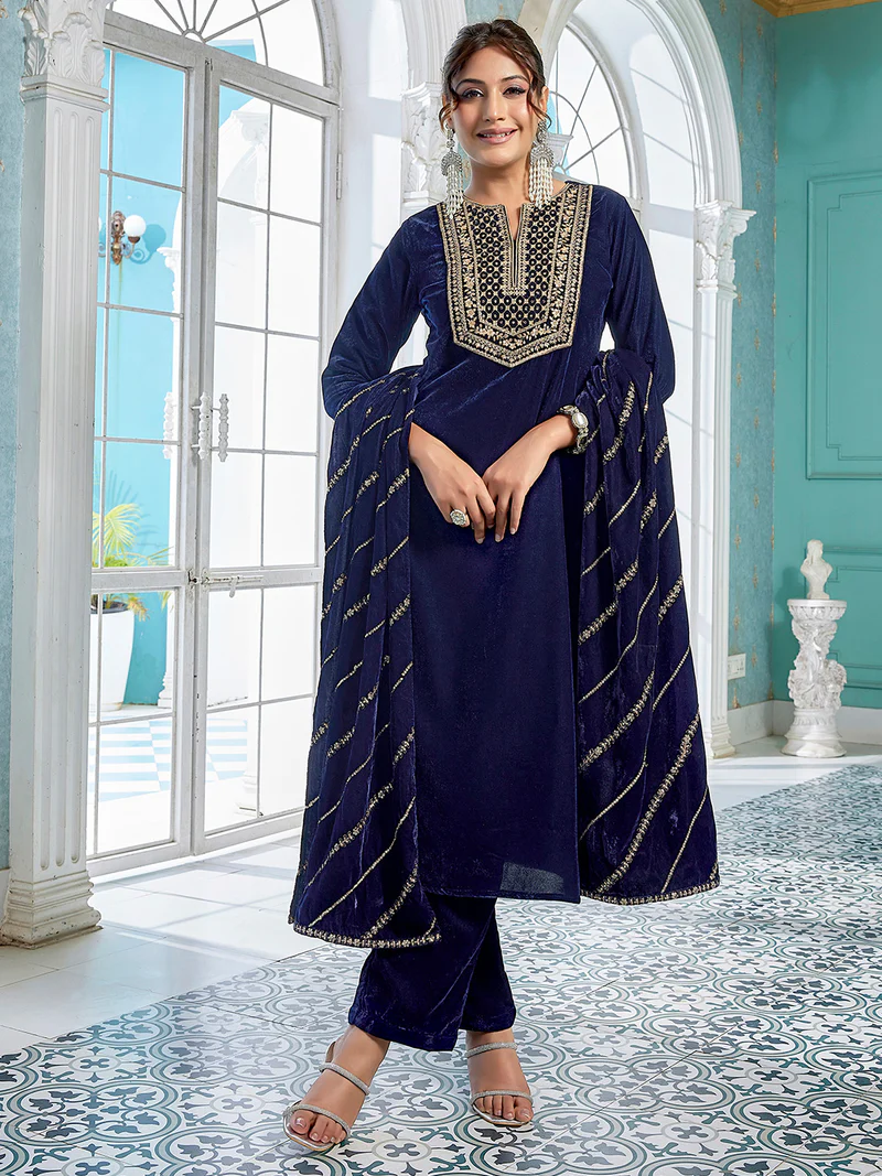 Navy Blue Velvet Zari Embroidered Straight Kurta Set