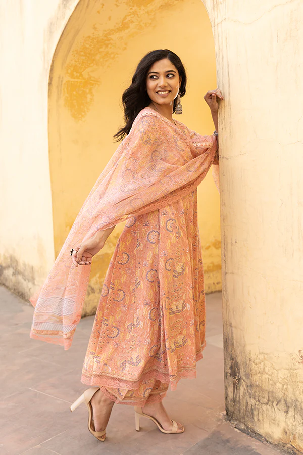 The Peach Handblock Anarkali Set With Doriya Dupatta