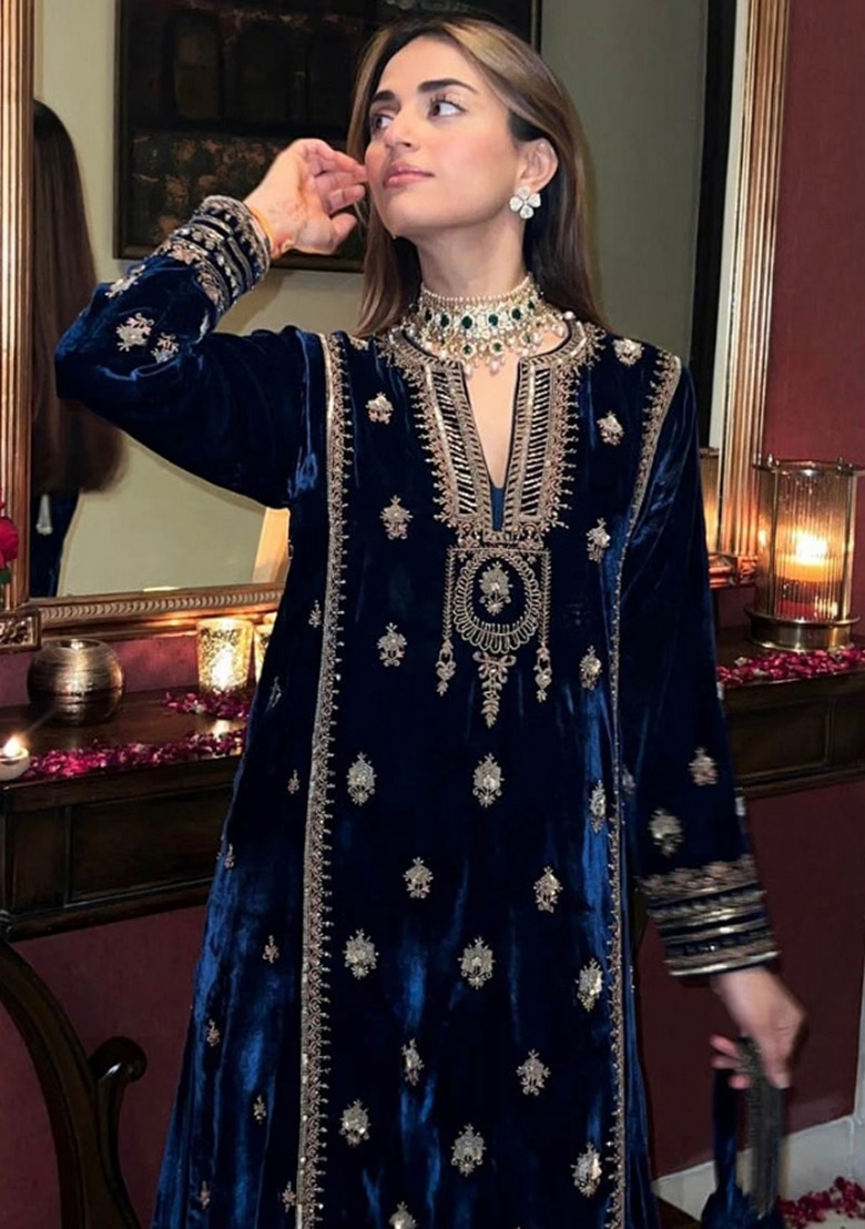 Blue Embroidered Velvet Kurta Set