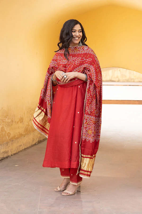 Red Chanderi Embroidered Three Kali Bandhani Dupatta Suit Set