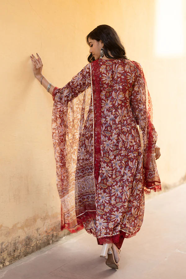 Kota Doriya Red Handblock Print Anarkali Set