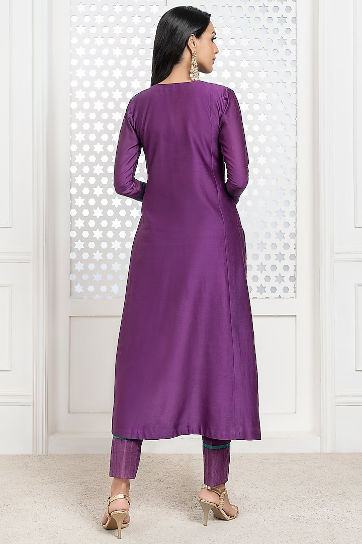 Purple Handwoven Chanderi Hand Embroidered Kurta Set