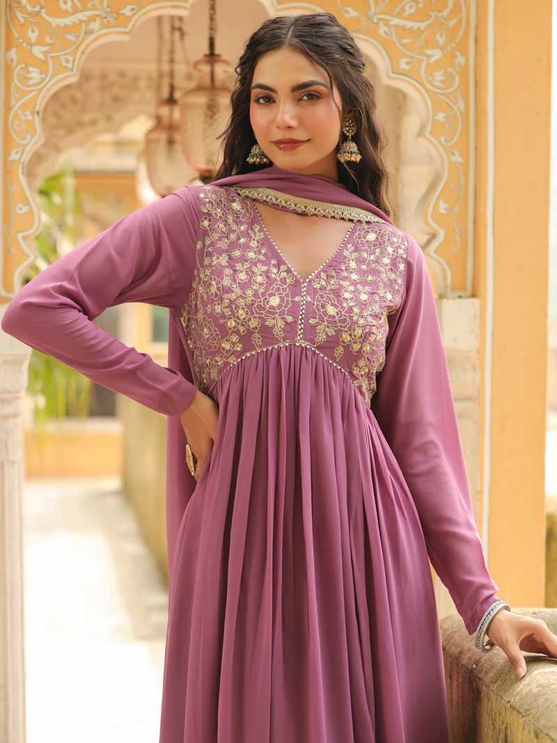 Lavender Georgette Yoke Embroidered A-Line Kurta Set