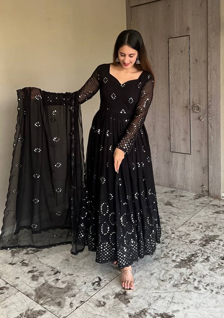 Black Embroidered Georgette Anarkali Set