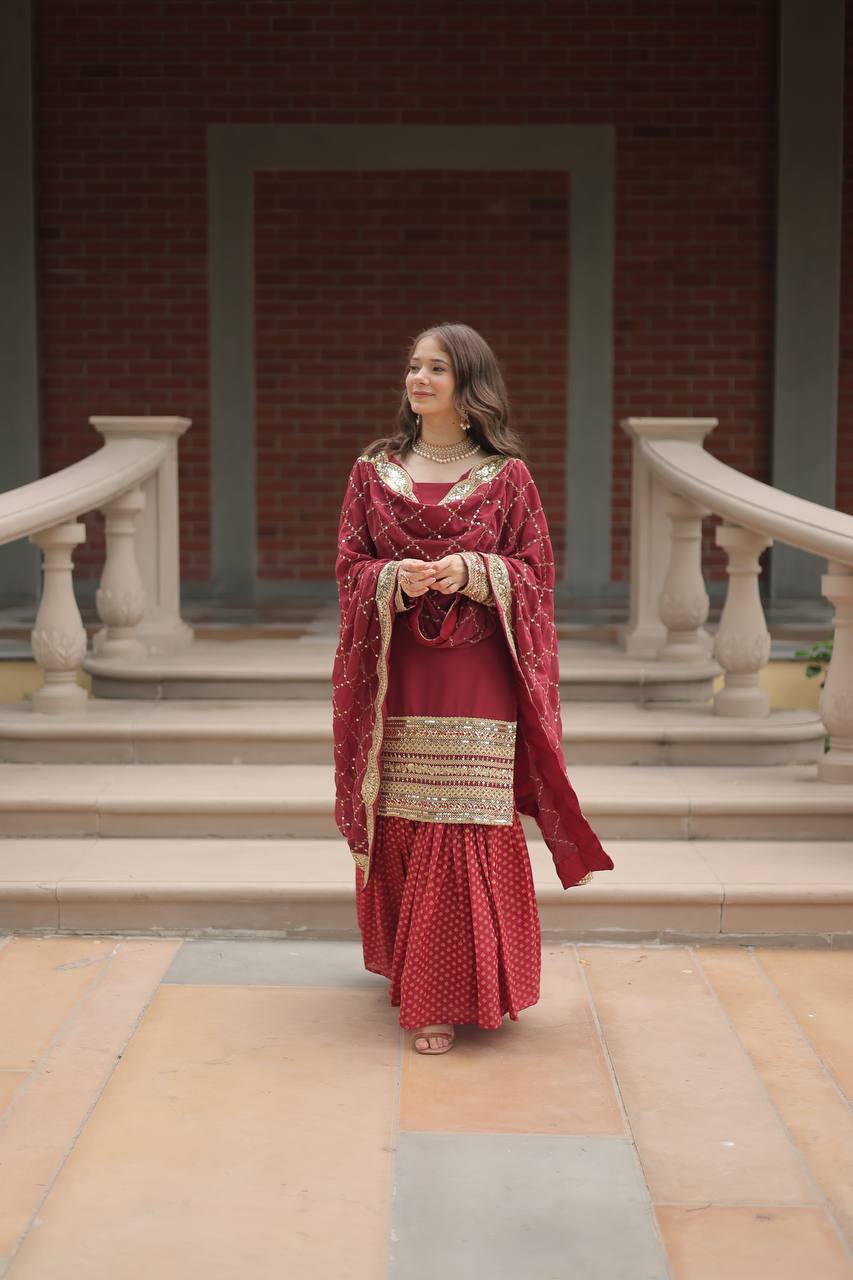 PREMIUM DESIGNER READYMADE TOP-SHARARA-DUPATTA MAROON COLOR