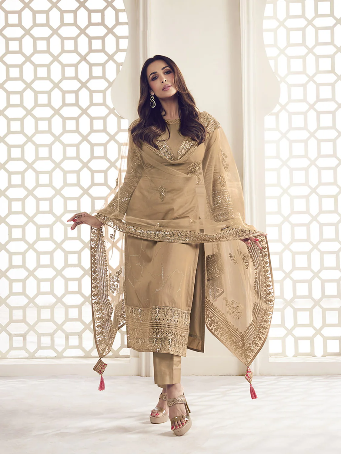 Beige Floral Thread and Sequines Embroidered Kurta Set