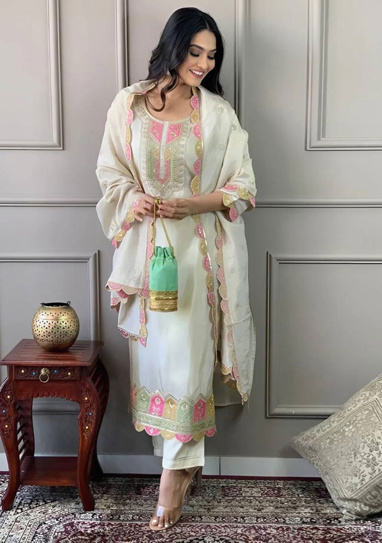 Cream Embroidered Viscose Kurta Set