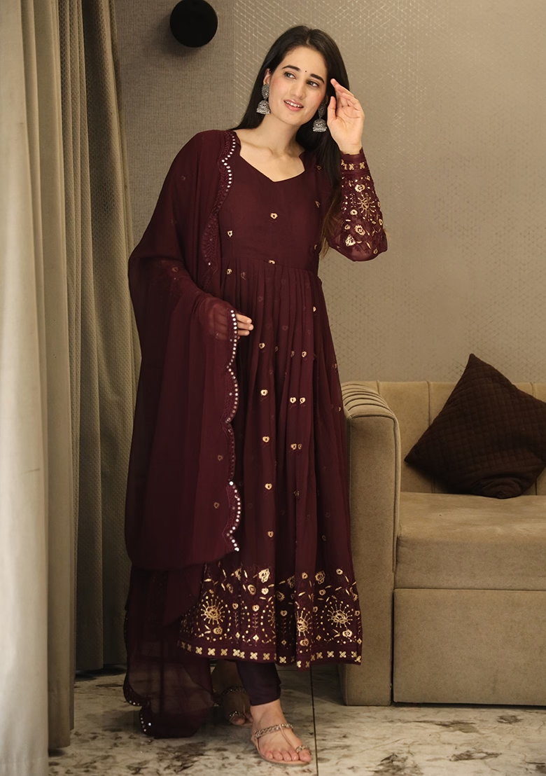 Wine Embroidered Georgette Anarkali Set