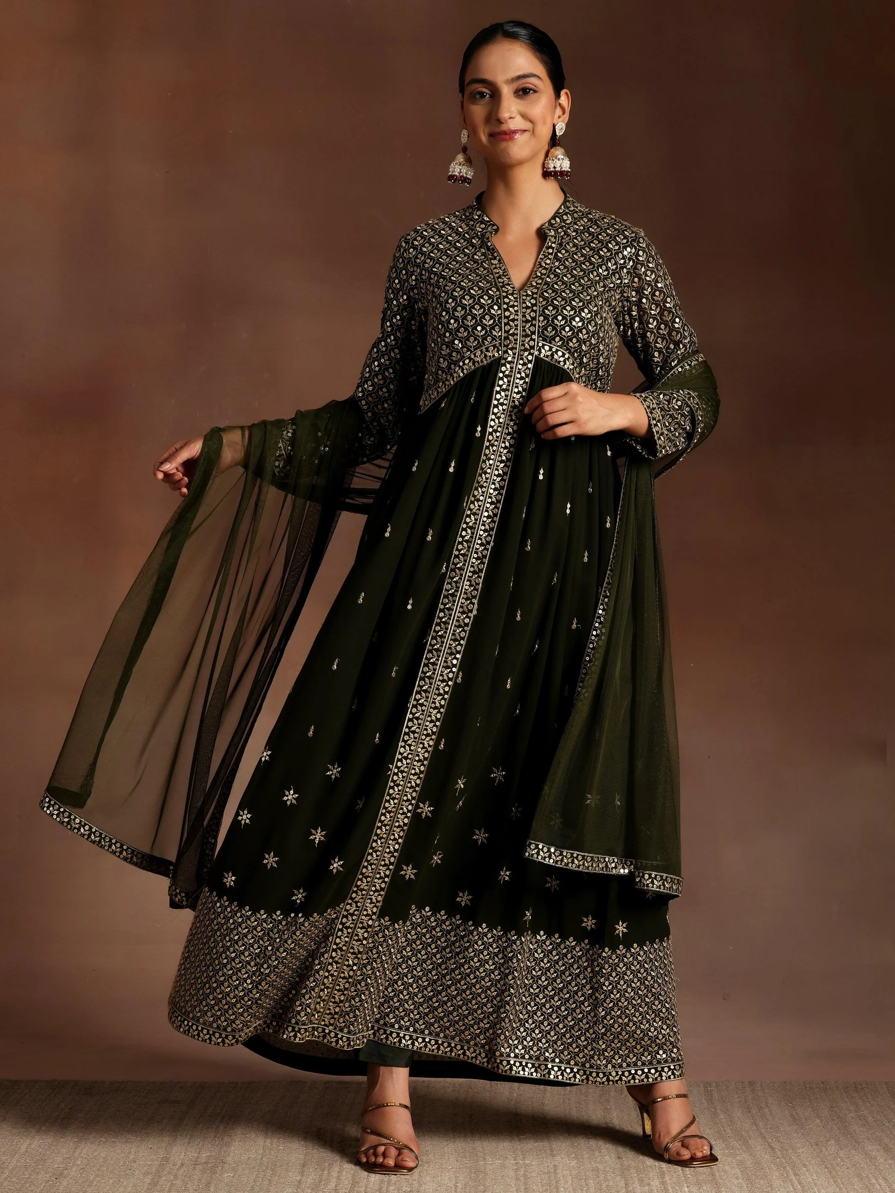 Olive Embroidered Georgette A-Line Kurta With Trousers & Dupatta