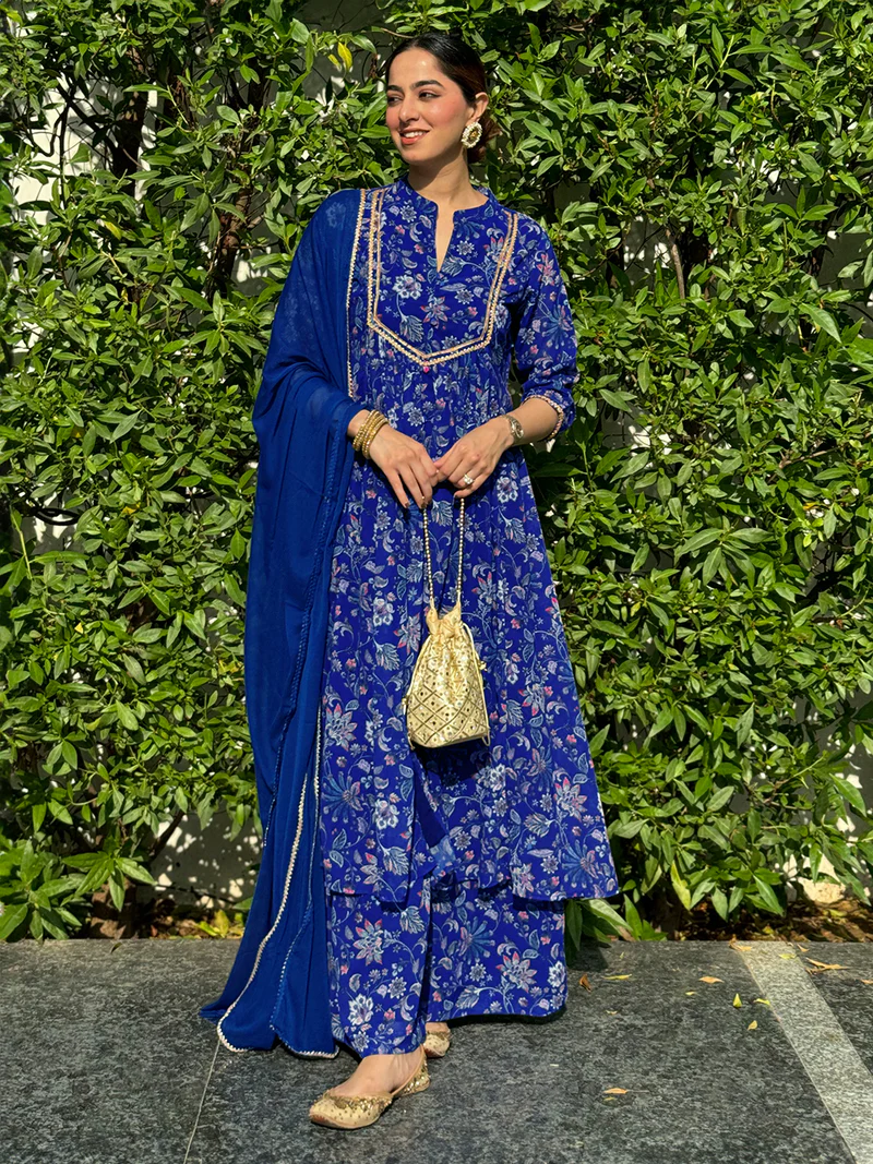 Blue Georgette Floral Kurta Palazzo Set