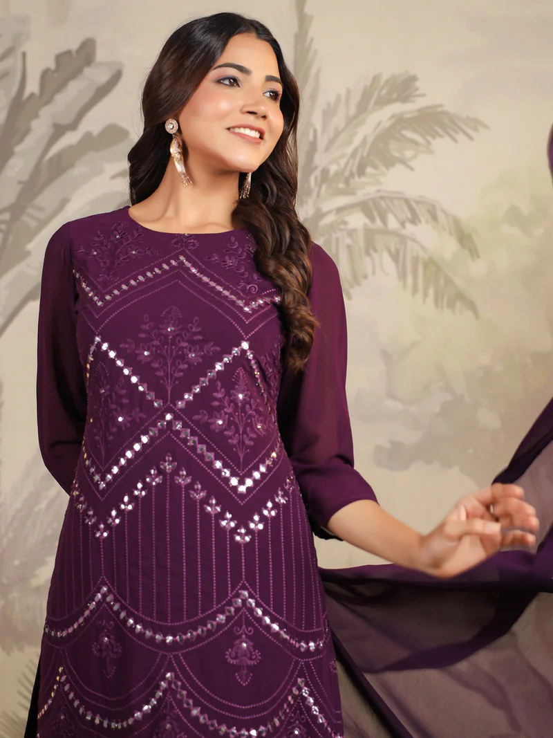 Purple Georgette Mirror Work Embroidered Straight Kurta With Palazzo Set