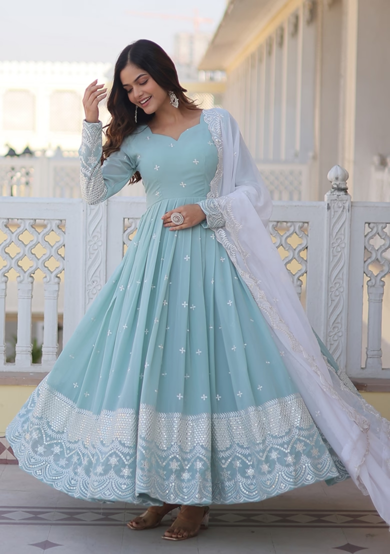 Light Blue Embroidered Georgette Anarkali Set