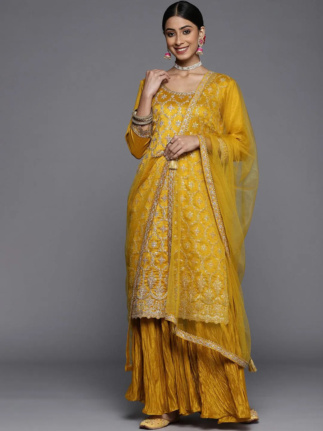 Mustard Embroidered Silk Blend Pakistani Suit