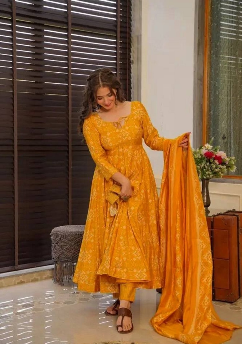 Yellow Embroidered Muslin Georgette Anarkali Set