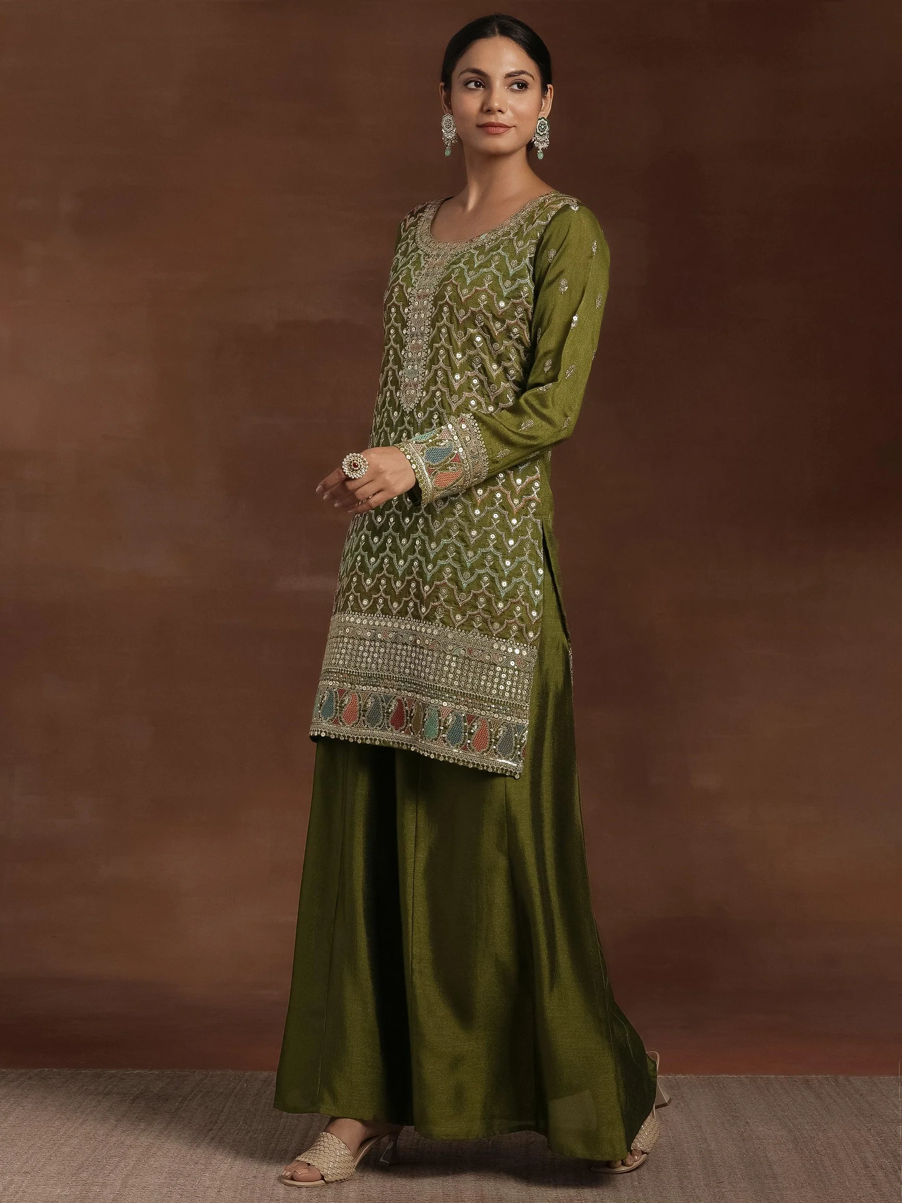 Olive Embroidered Silk Blend Straight Kurta With Palazzos & Dupatta