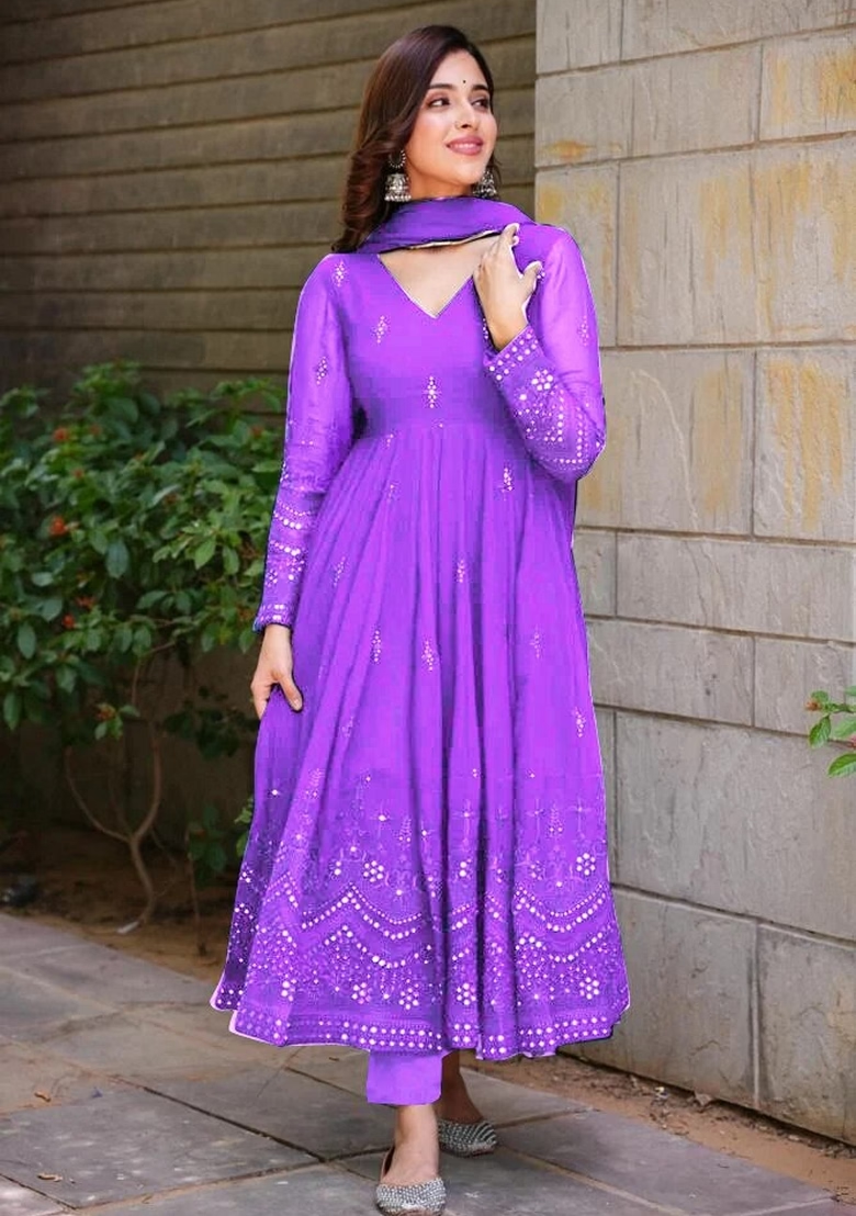 Purple Embroidered Georgette Anarkali Set