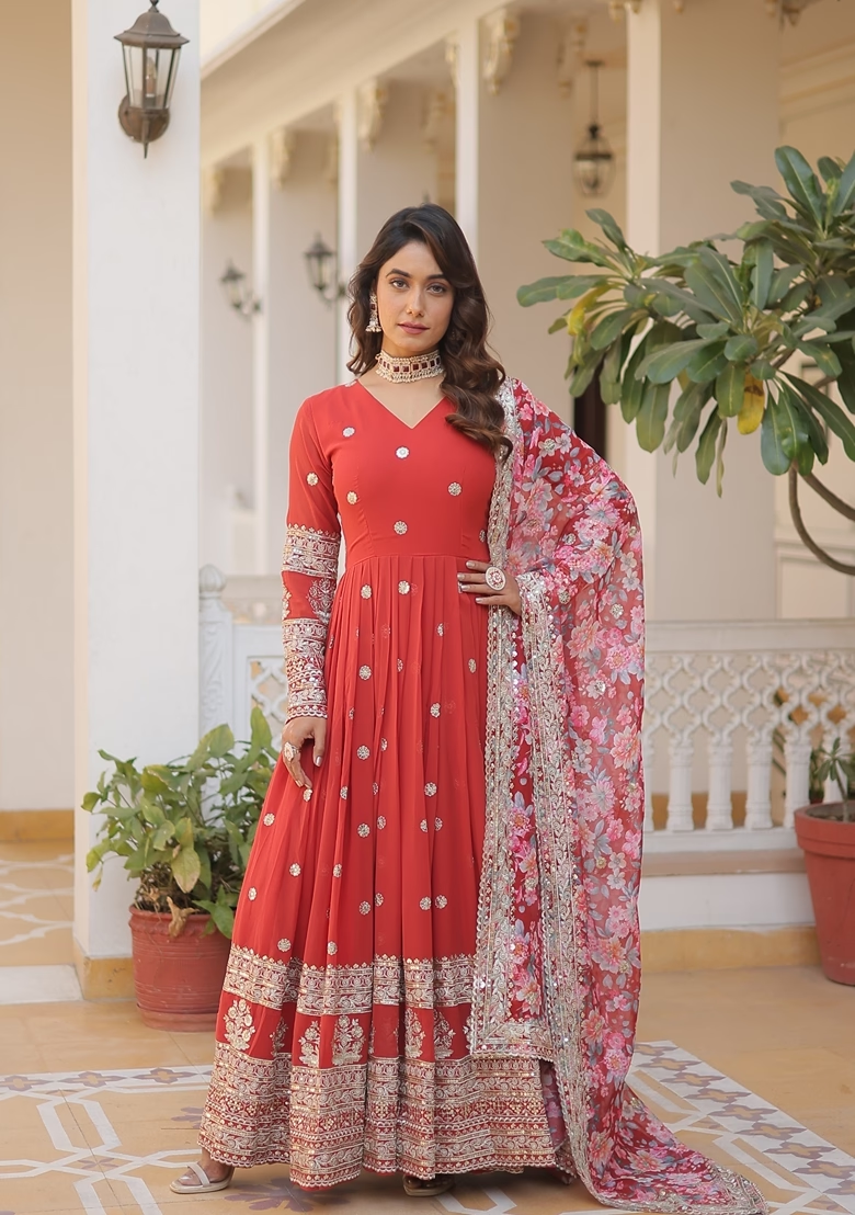 Orange Embroidered Georgette Anarkali Kurta With Dupatta