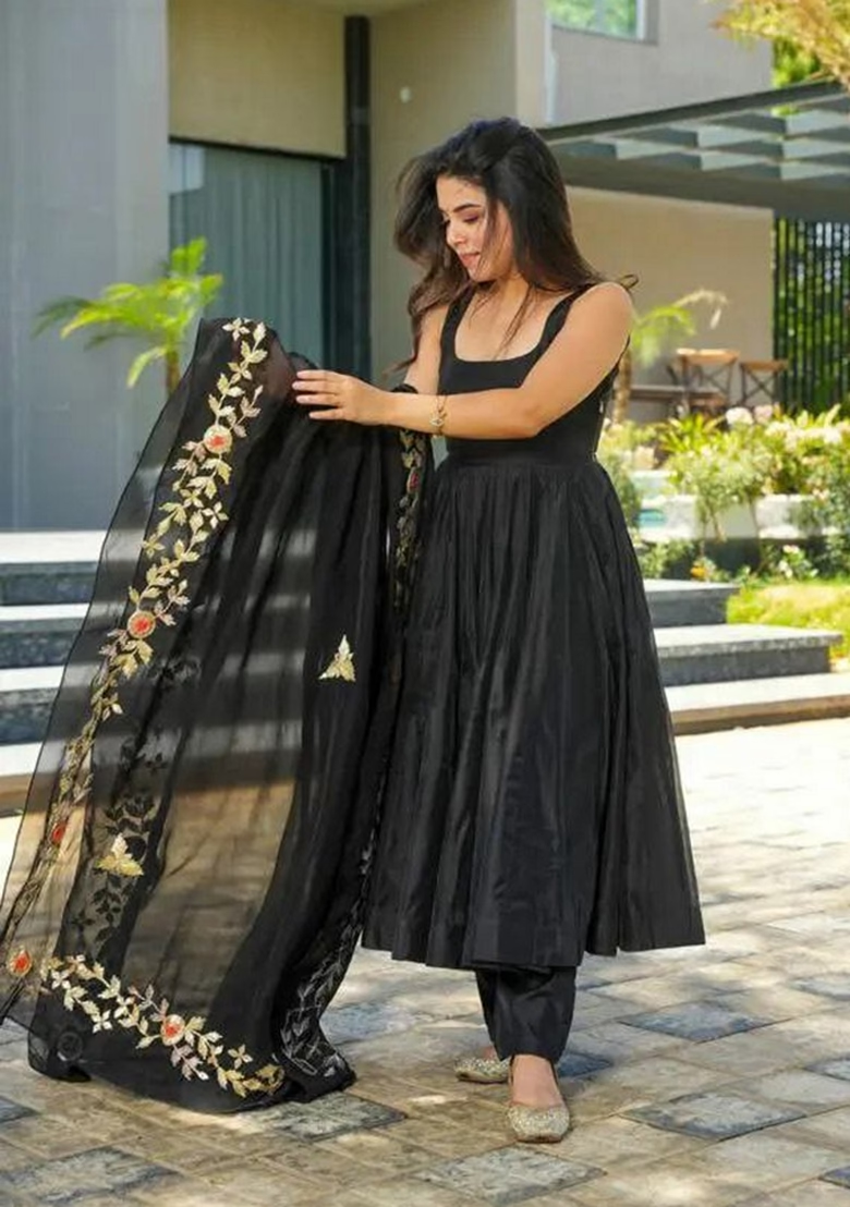 Black Embroidered Georgette Anarkali Set