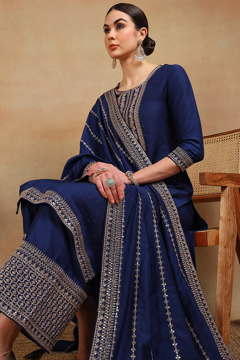 Blue Silk Blend Solid Yoke Design Straight Suit Set