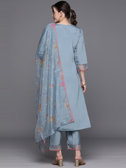 Blue Embroidered Kurta Pant Set With Dupatta