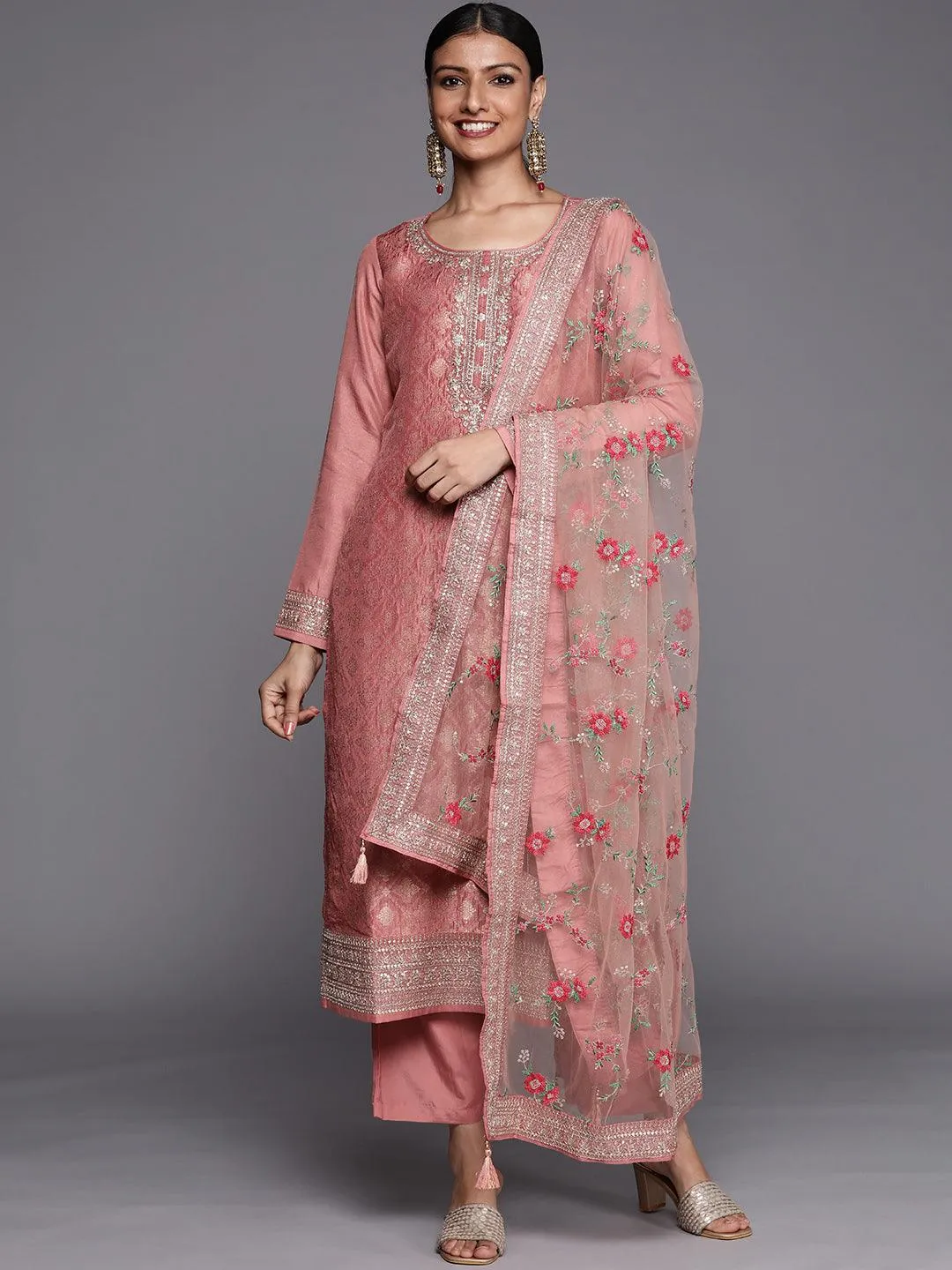 Peach Self Design Silk Blend Straight Kurta With Dupatta