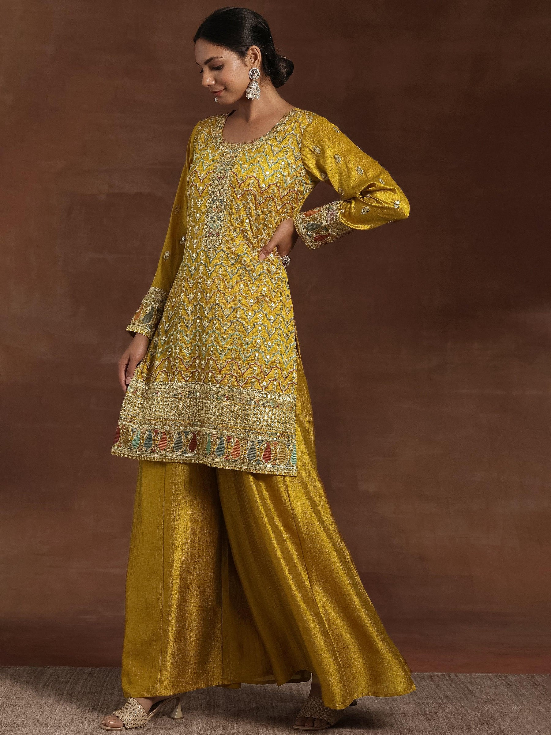 Mustard Embroidered Silk Blend Straight Kurta With Palazzos & Dupatta