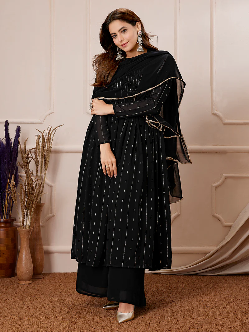 Black Georgette Foil Printed Anarkali Kurta Set