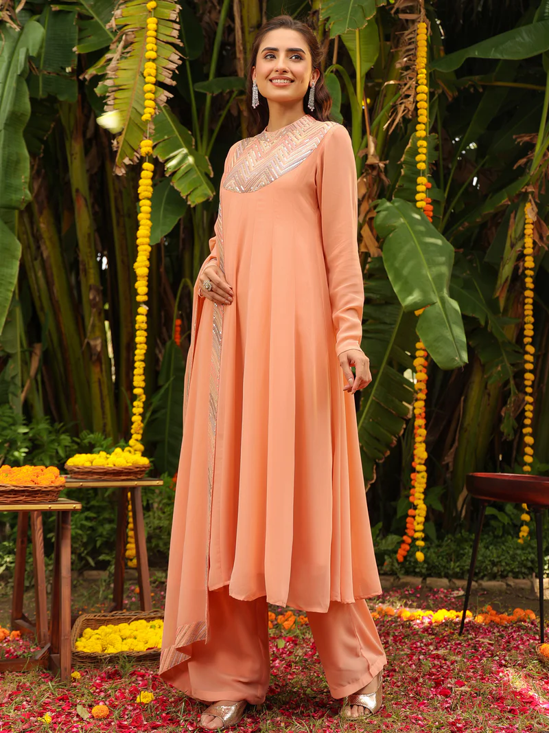 Peach Georgette Sequined Anarkali Kurta Set