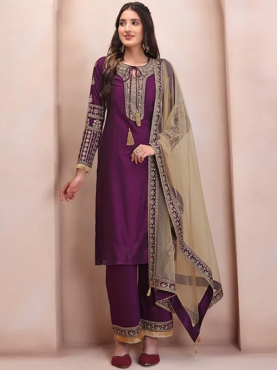 Purple Ethnic Motifs Embroidered Kurta & Trousers With Dupatta