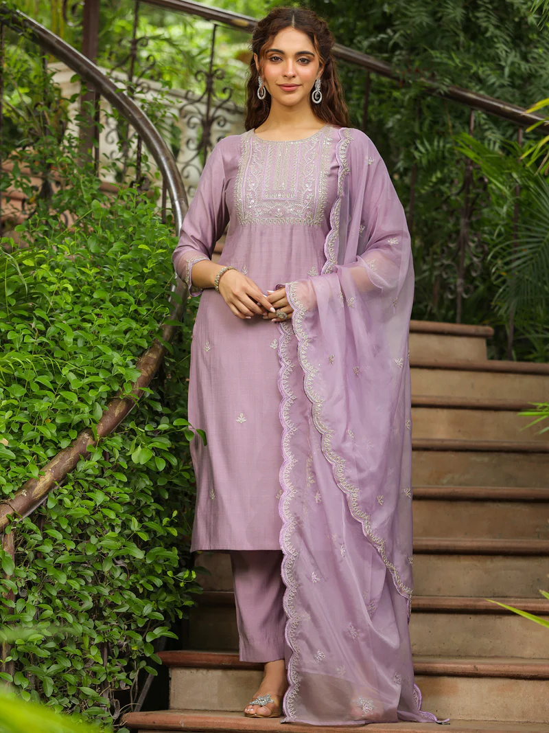 Lavender Silk Blend Embroidered Straight Kurta Set