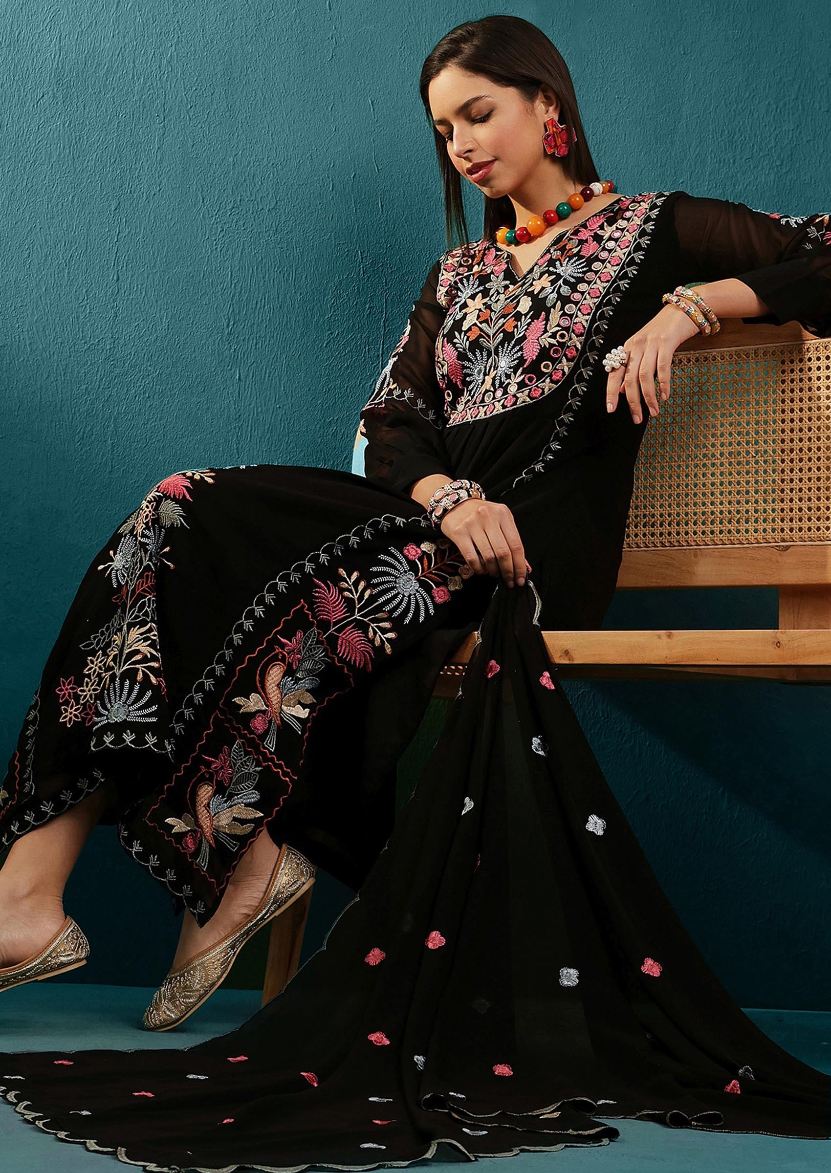 Black Mirror Thread Embroidered Georgette Kurta Set