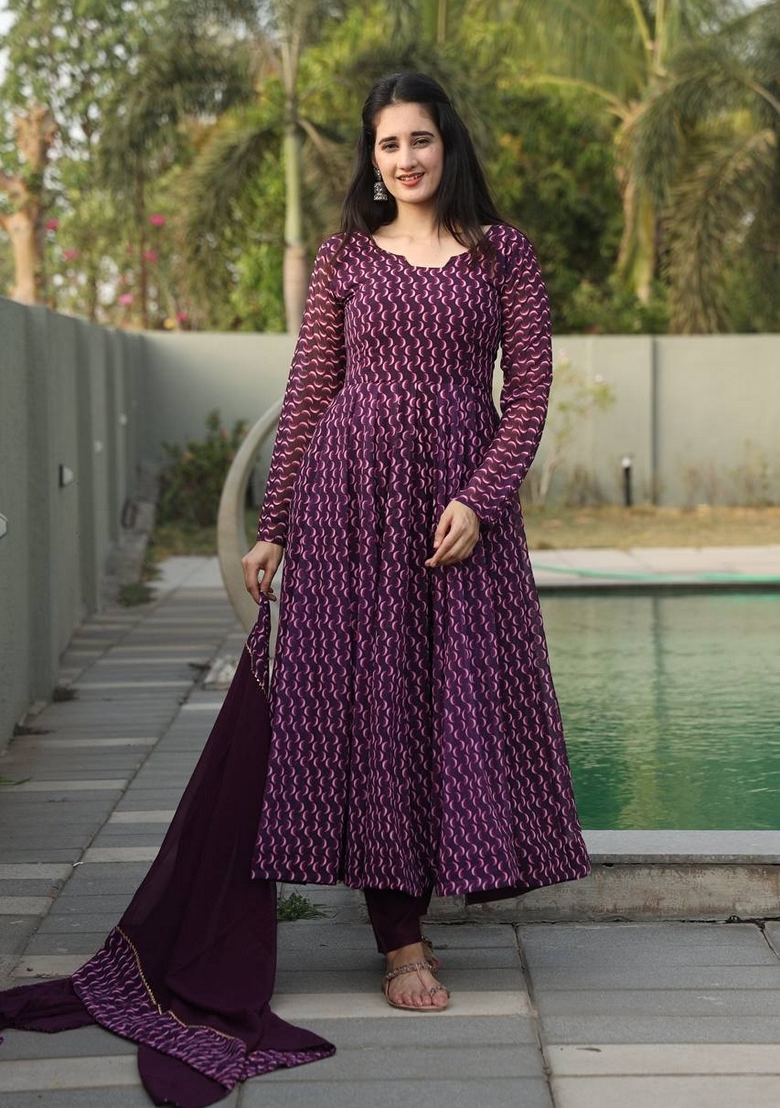 Wine Embroidered Georgette Anarkali Set