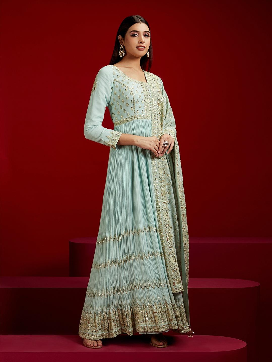 Sea Green Yoke Design Georgette A-Line Kurta With Trousers & Dupatta