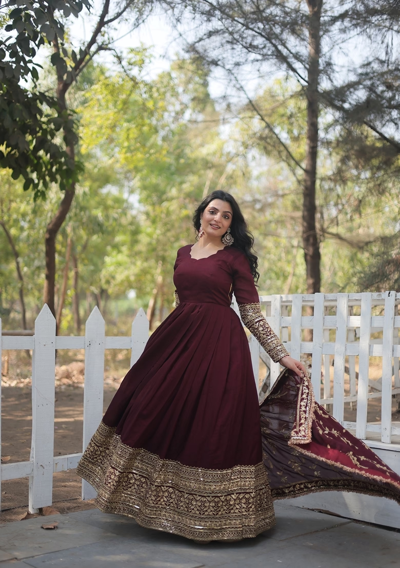 Maroon Embroidered Vichitra Anarkali Set