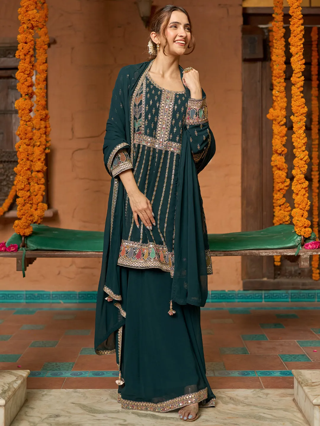 Green Embroidered Georgette Anarkali Suit With Dupatta