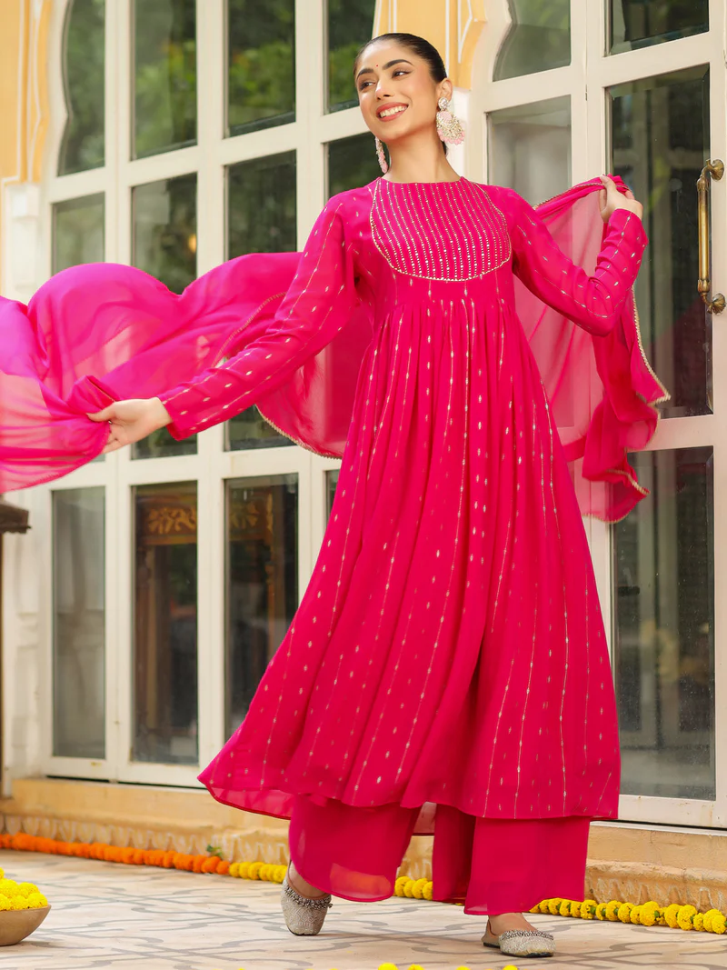 Pink Georgette Foil Printed Anarkali Kurta Set