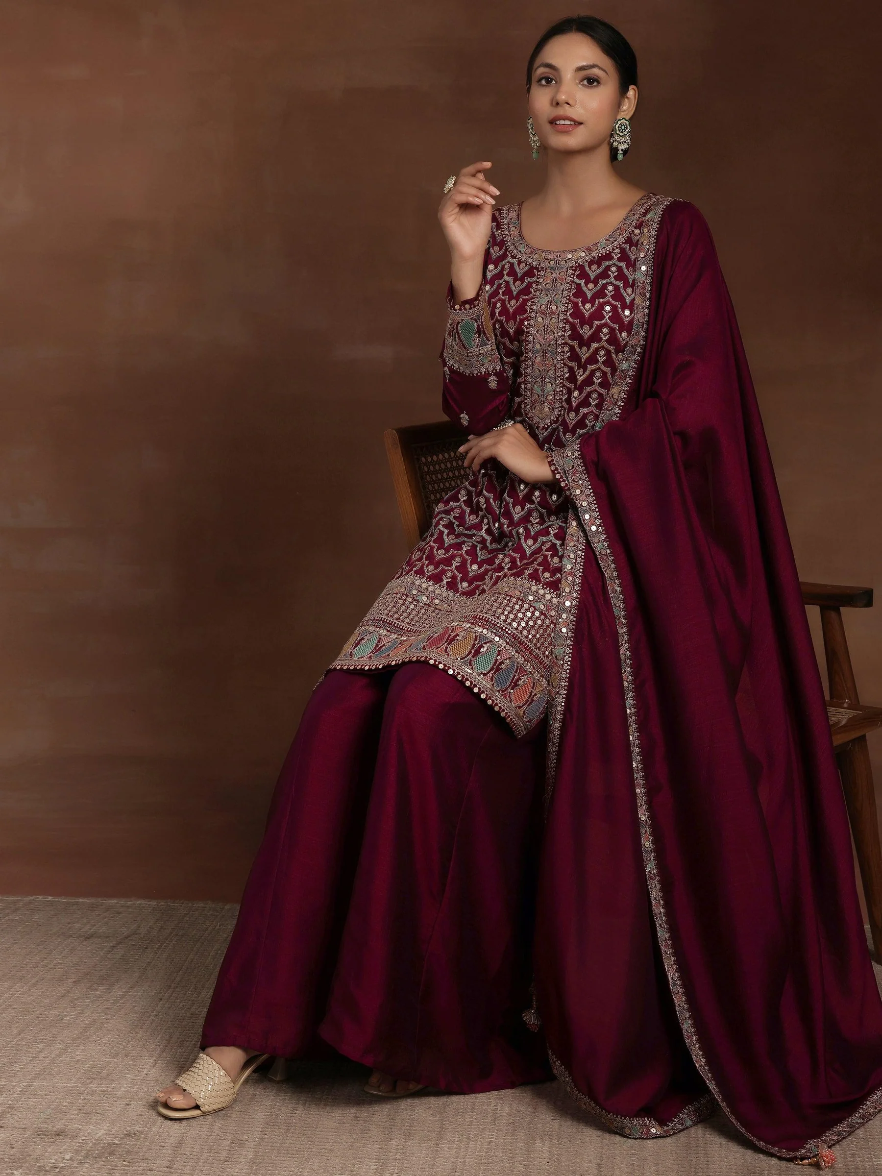 Wine Embroidered Silk Blend Straight Kurta With Palazzos & Dupatta